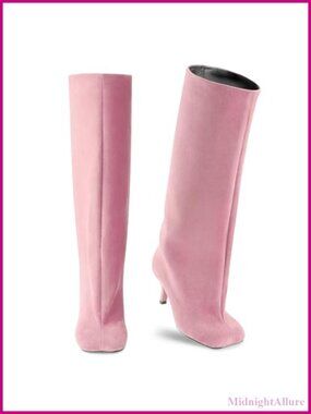 Women's Suede Knee High Boots Square Toe Wide Calf Stiletto Kitten Heel Pull On